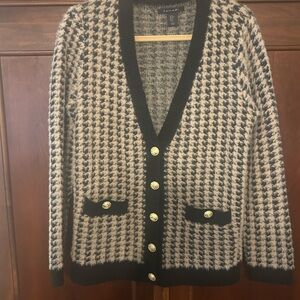 Tahari Black & Cream Houndstooth Cardigan with Gold Buttons